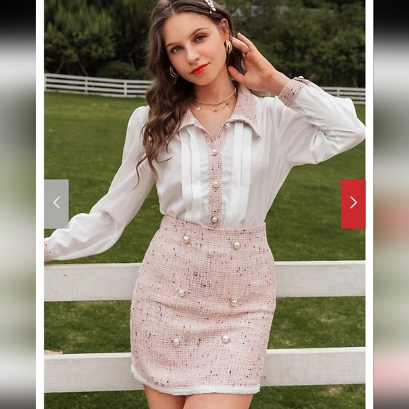 NWT DARK ACADEMIA PINK TWEED MATCHING SKIRT BLOUSE SET SIZE: SMALL-LARGE - Picture 2 of 15